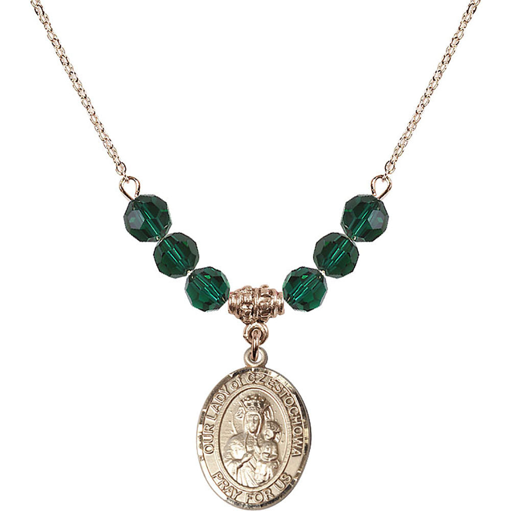 14kt Gold Filled Our Lady of Czestochowa Birthstone Necklace with Emerald Beads - 8421