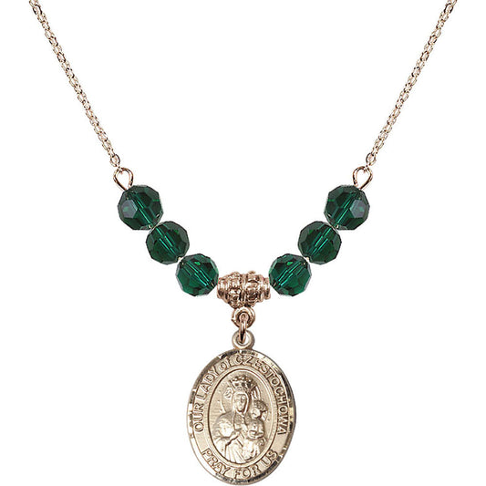 14kt Gold Filled Our Lady of Czestochowa Birthstone Necklace with Emerald Beads - 8421