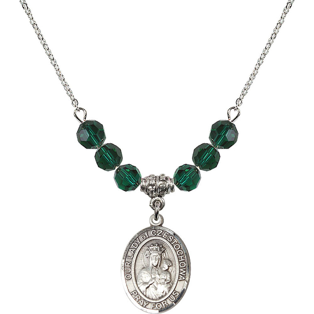 Sterling Silver Our Lady of Czestochowa Birthstone Necklace with Emerald Beads - 8421