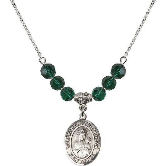 Sterling Silver Our Lady of Czestochowa Birthstone Necklace with Emerald Beads - 8421