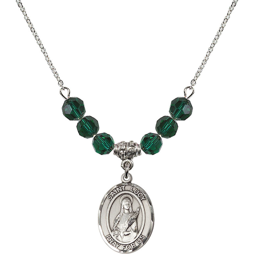 Sterling Silver Saint Lucy Birthstone Necklace with Emerald Beads - 8422