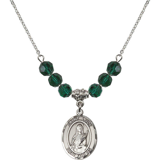 Sterling Silver Saint Lucy Birthstone Necklace with Emerald Beads - 8422