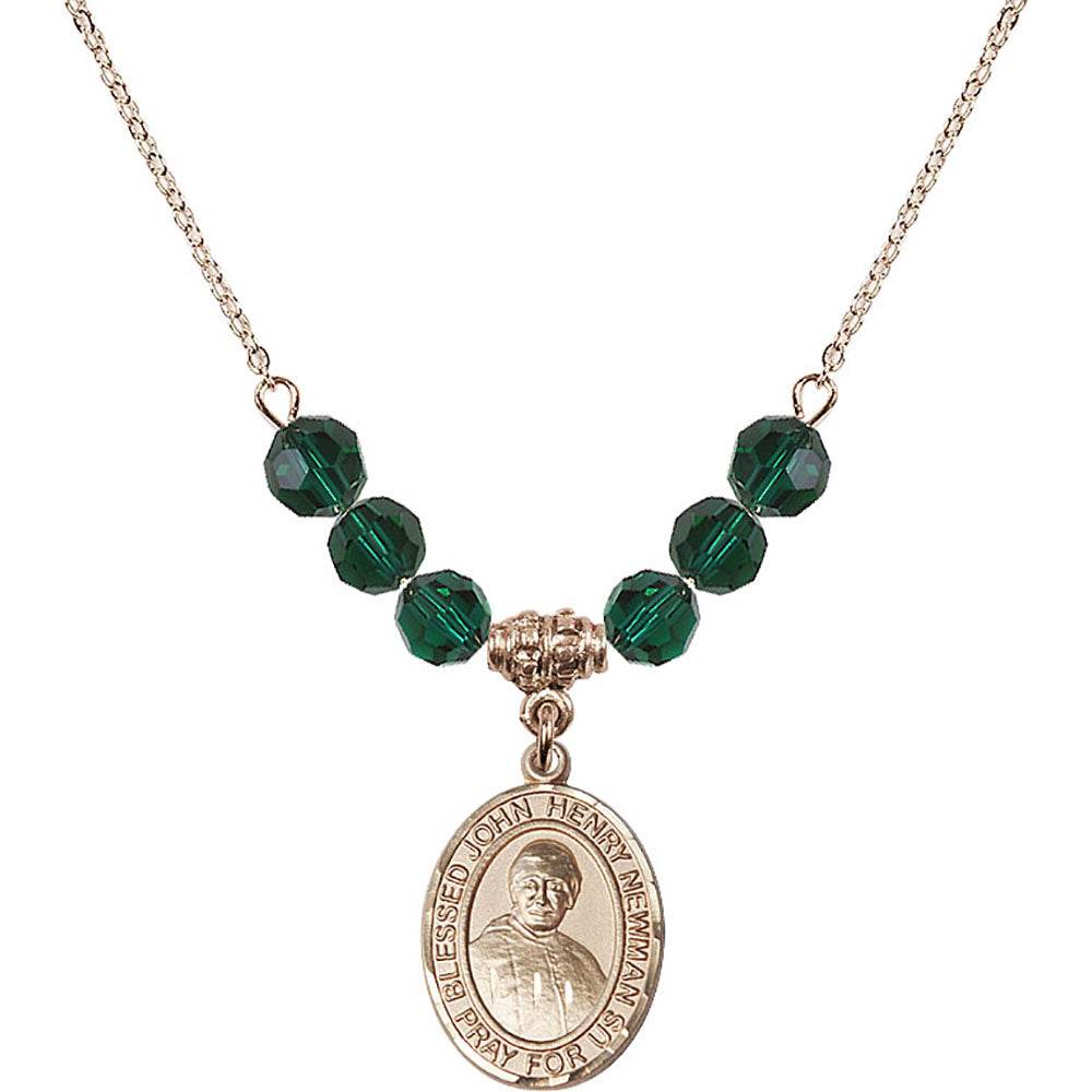 14kt Gold Filled Blessed John Henry Newman Birthstone Necklace with Emerald Beads - 8423