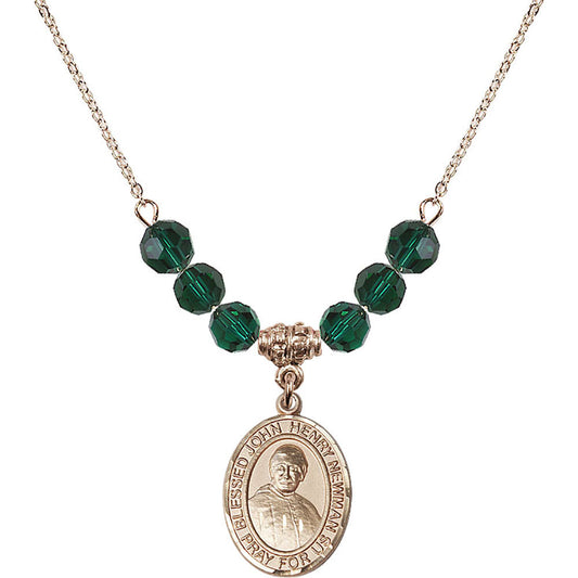 14kt Gold Filled Blessed John Henry Newman Birthstone Necklace with Emerald Beads - 8423