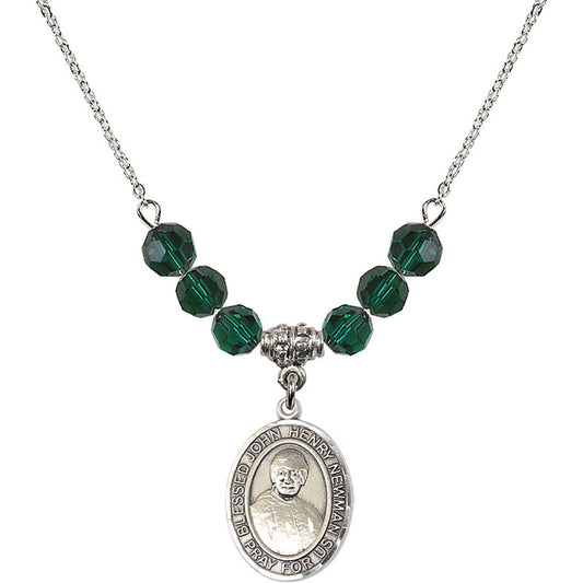Sterling Silver Blessed John Henry Newman Birthstone Necklace with Emerald Beads - 8423