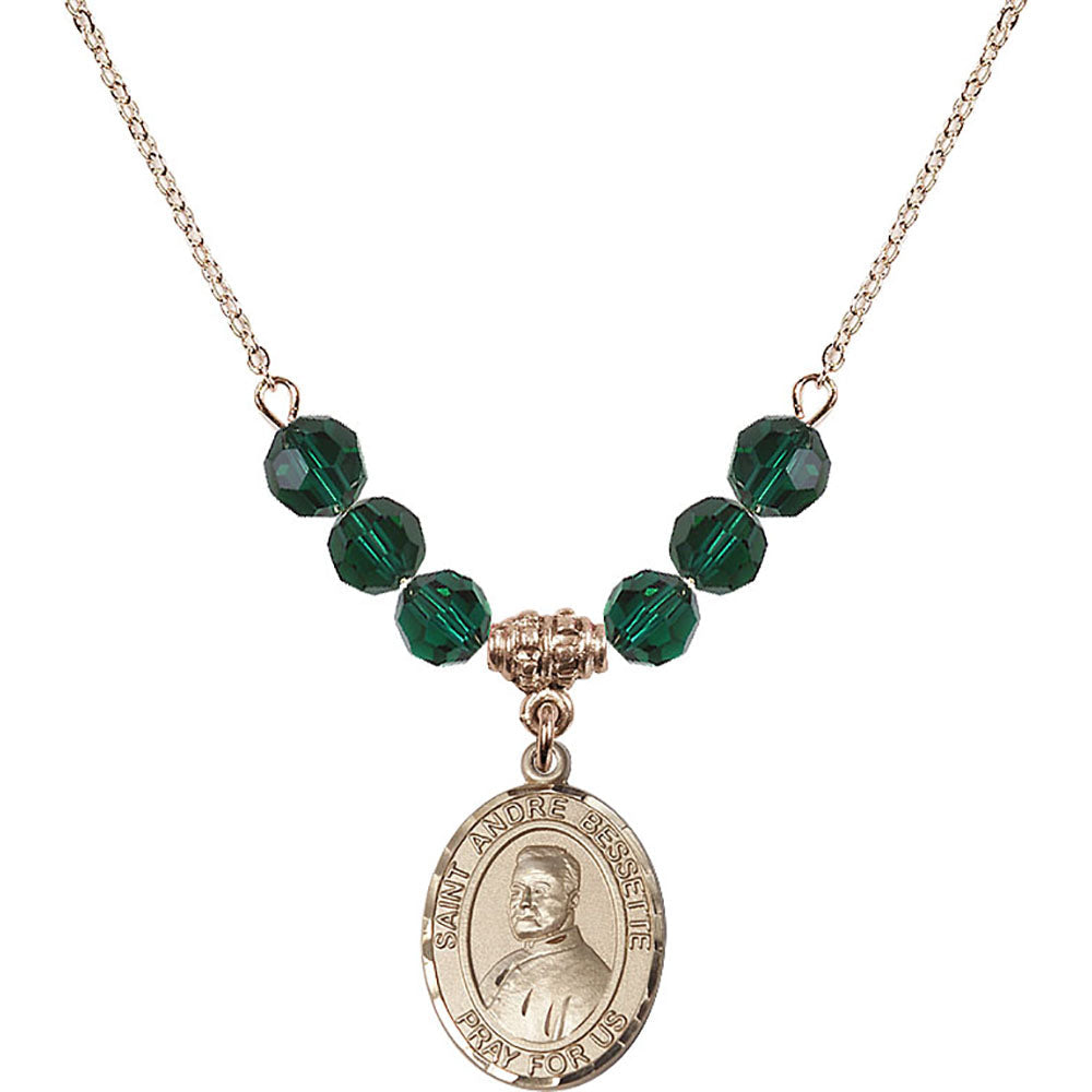 14kt Gold Filled Saint Andre Bessette Birthstone Necklace with Emerald Beads - 8424