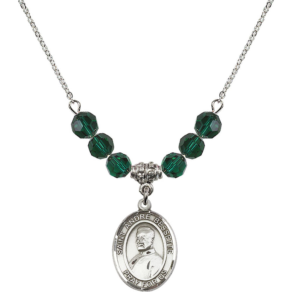 Sterling Silver Saint Andre Bessette Birthstone Necklace with Emerald Beads - 8424