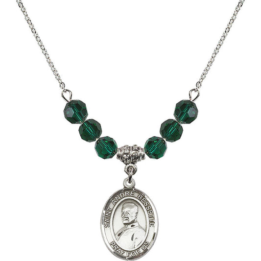 Sterling Silver Saint Andre Bessette Birthstone Necklace with Emerald Beads - 8424