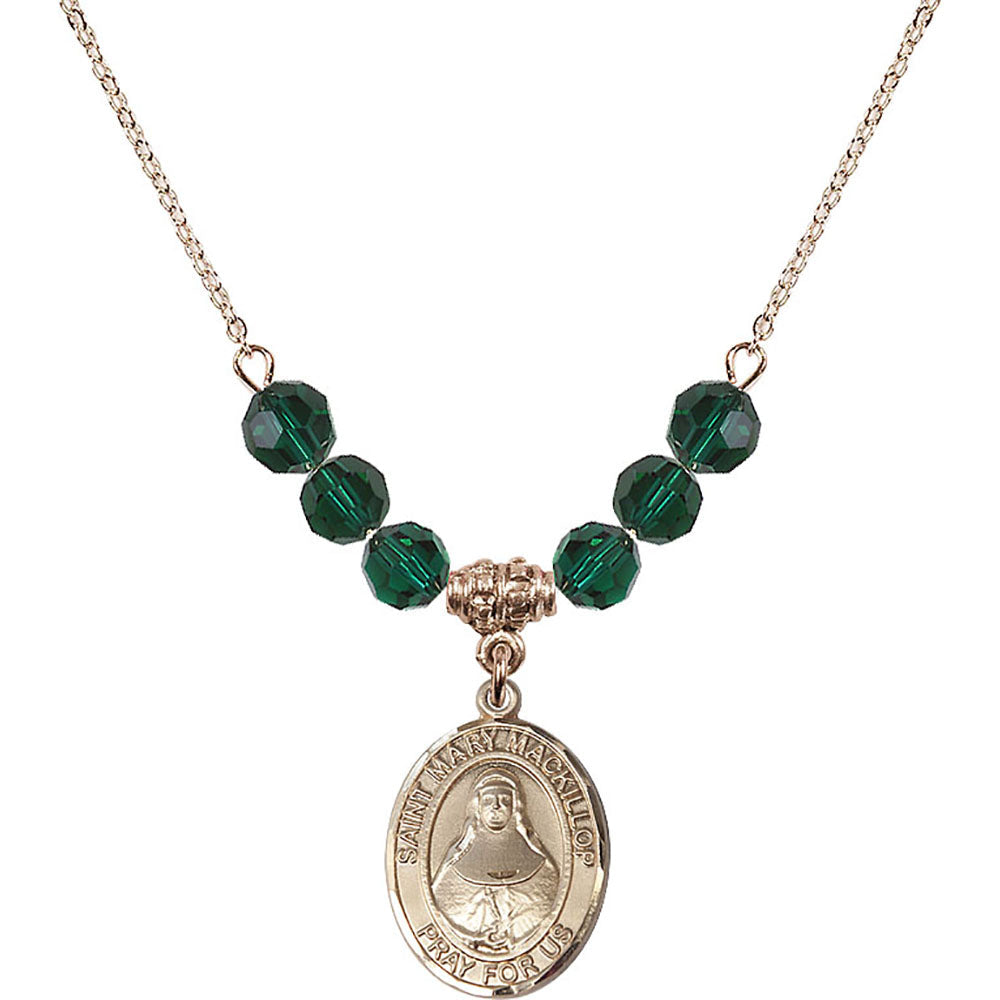 14kt Gold Filled Saint Mary Mackillop Birthstone Necklace with Emerald Beads - 8425