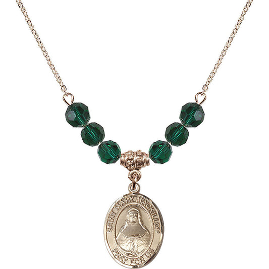 14kt Gold Filled Saint Mary Mackillop Birthstone Necklace with Emerald Beads - 8425