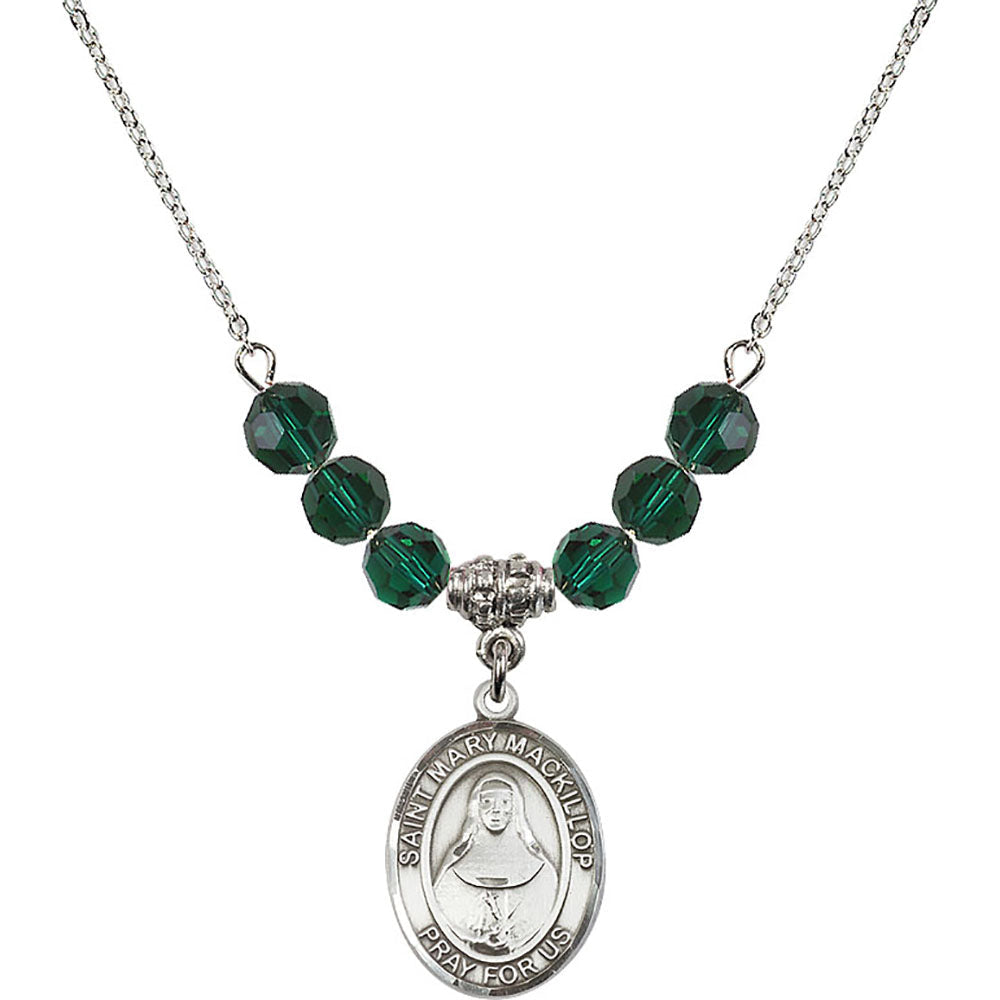 Sterling Silver Saint Mary Mackillop Birthstone Necklace with Emerald Beads - 8425
