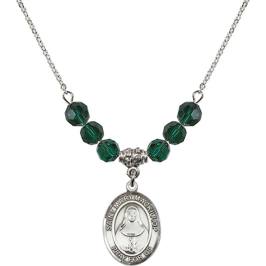 Sterling Silver Saint Mary Mackillop Birthstone Necklace with Emerald Beads - 8425
