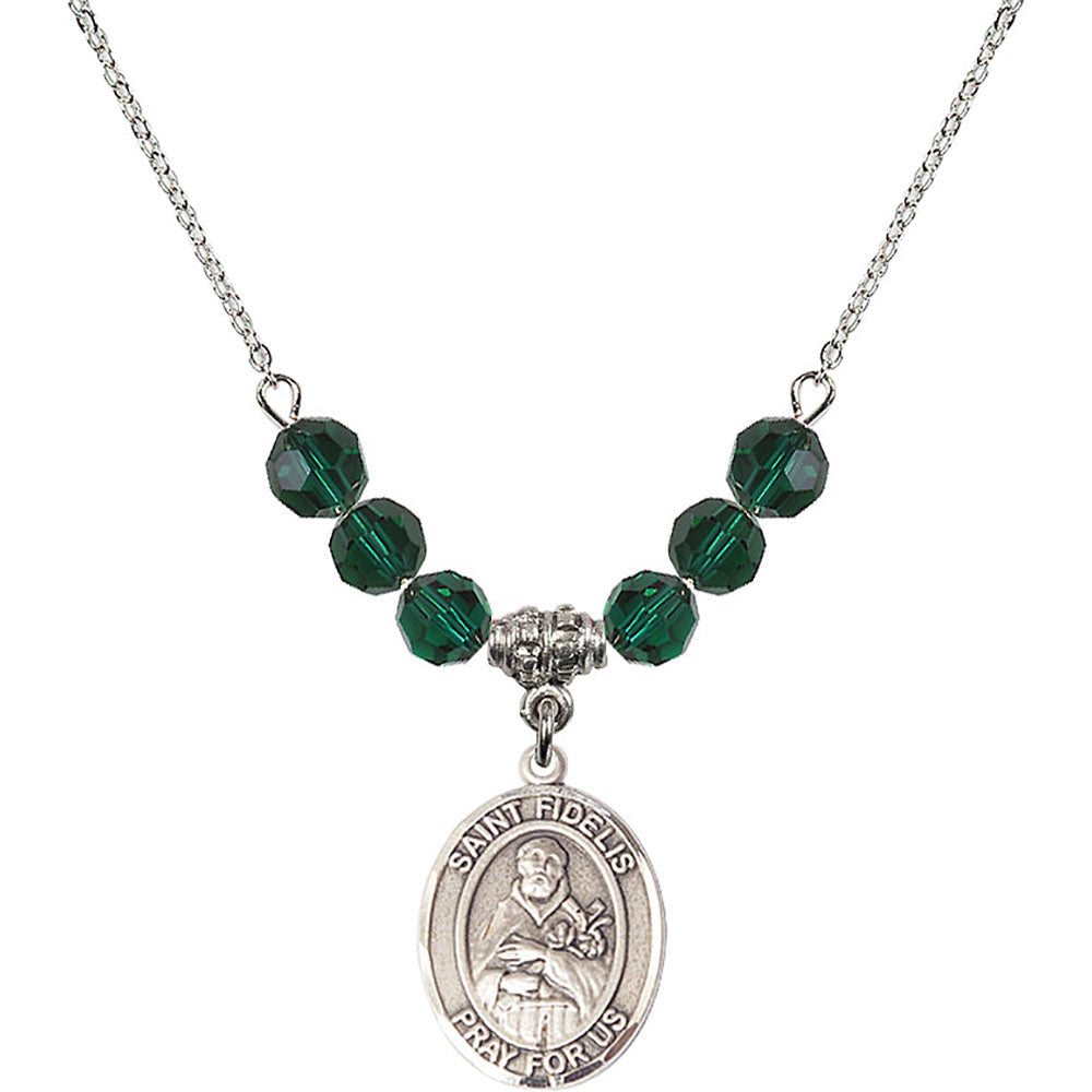 Sterling Silver Saint Fidelis Birthstone Necklace with Emerald Beads - 8426