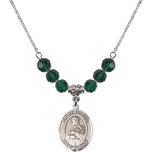 Sterling Silver Saint Fidelis Birthstone Necklace with Emerald Beads - 8426