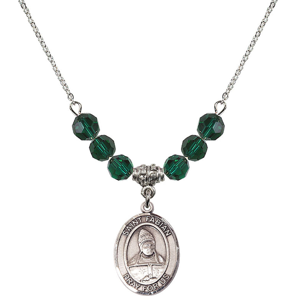 Sterling Silver Saint Fabian Birthstone Necklace with Emerald Beads - 8427