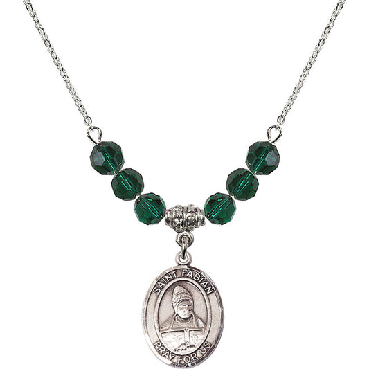 Sterling Silver Saint Fabian Birthstone Necklace with Emerald Beads - 8427