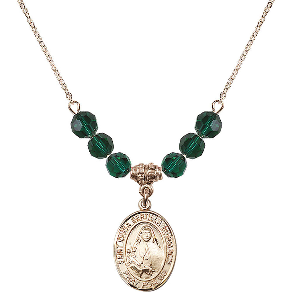 14kt Gold Filled Saint Maria Bertilla Boscardin Birthstone Necklace with Emerald Beads - 8428