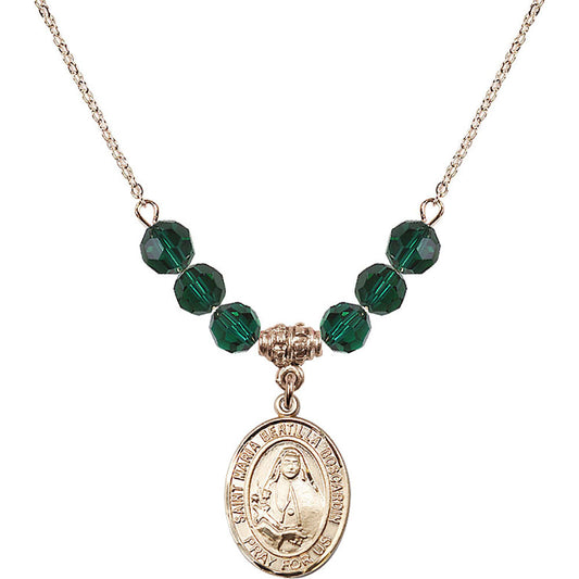 14kt Gold Filled Saint Maria Bertilla Boscardin Birthstone Necklace with Emerald Beads - 8428