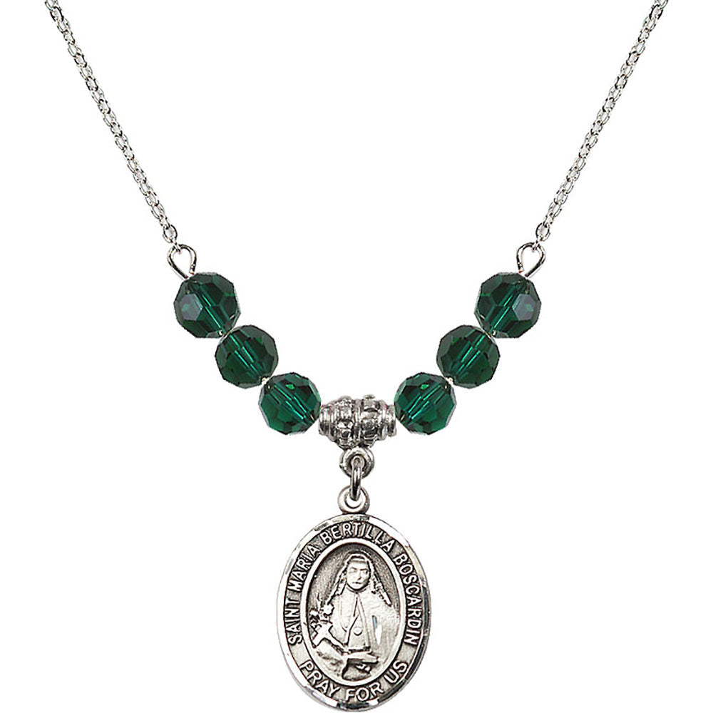 Sterling Silver Saint Maria Bertilla Boscardin Birthstone Necklace with Emerald Beads - 8428