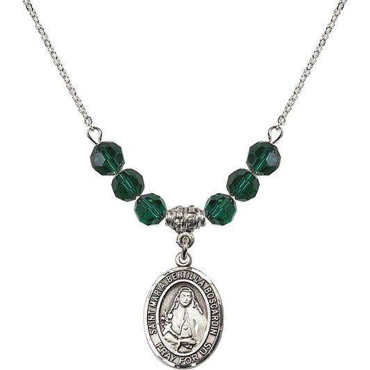 Sterling Silver Saint Maria Bertilla Boscardin Birthstone Necklace with Emerald Beads - 8428