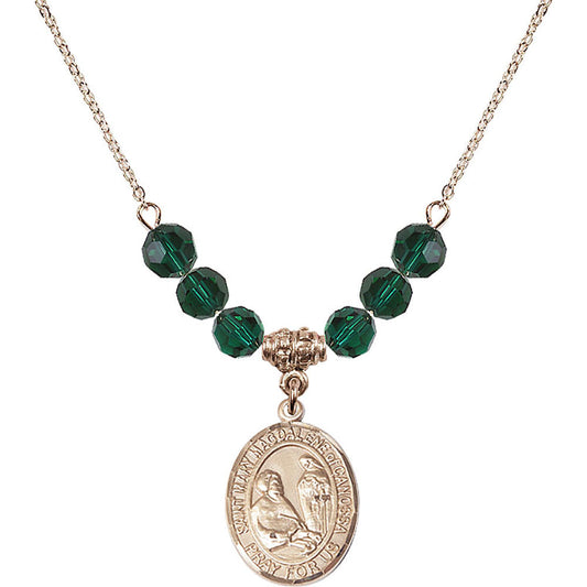 14kt Gold Filled Saint Mary Magdalene of Canossa Birthstone Necklace with Emerald Beads - 8429