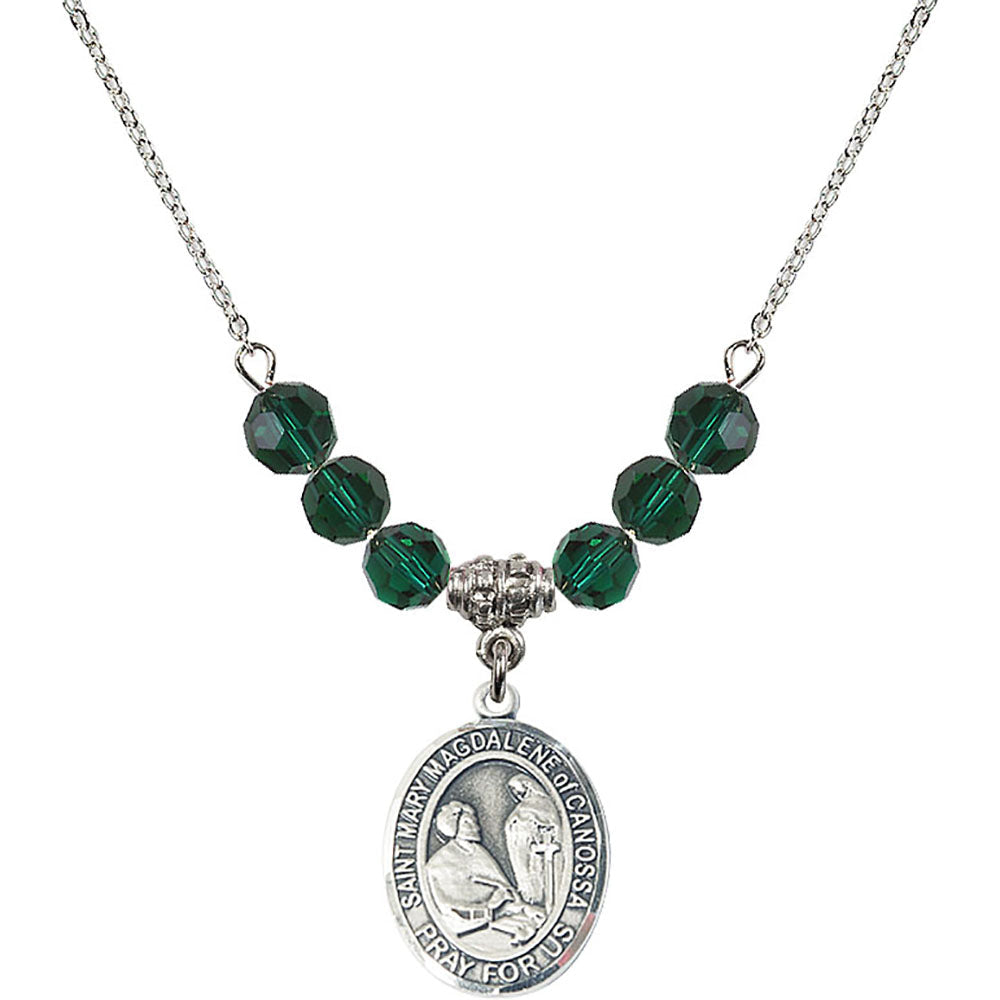 Sterling Silver Saint Mary Magdalene of Canossa Birthstone Necklace with Emerald Beads - 8429