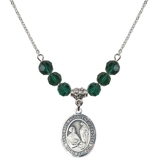 Sterling Silver Saint Mary Magdalene of Canossa Birthstone Necklace with Emerald Beads - 8429