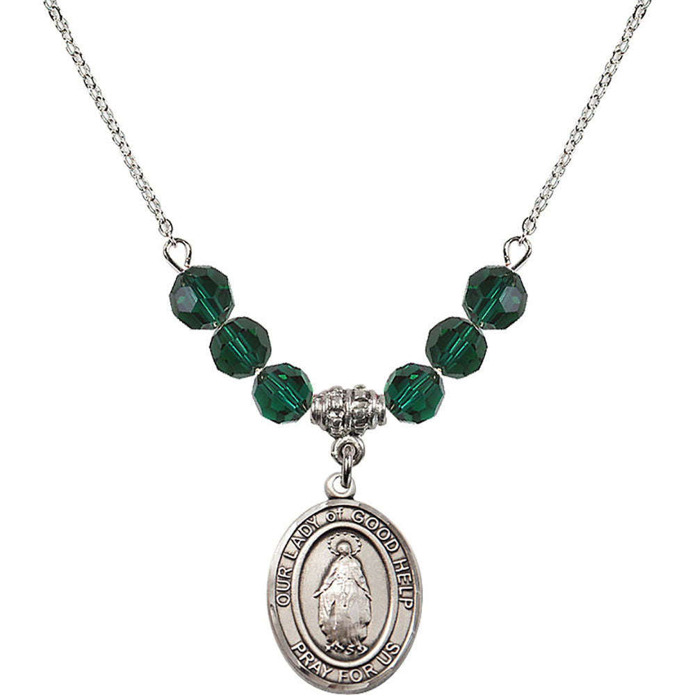 Sterling Silver Our Lady Of Good Help Birthstone Necklace with Emerald Beads - 8431