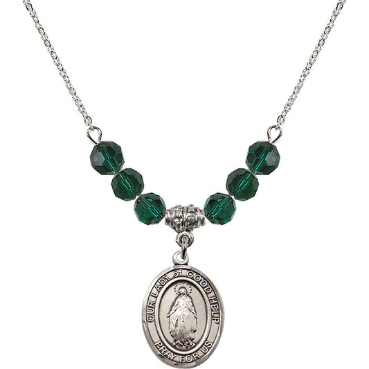 Sterling Silver Our Lady Of Good Help Birthstone Necklace with Emerald Beads - 8431