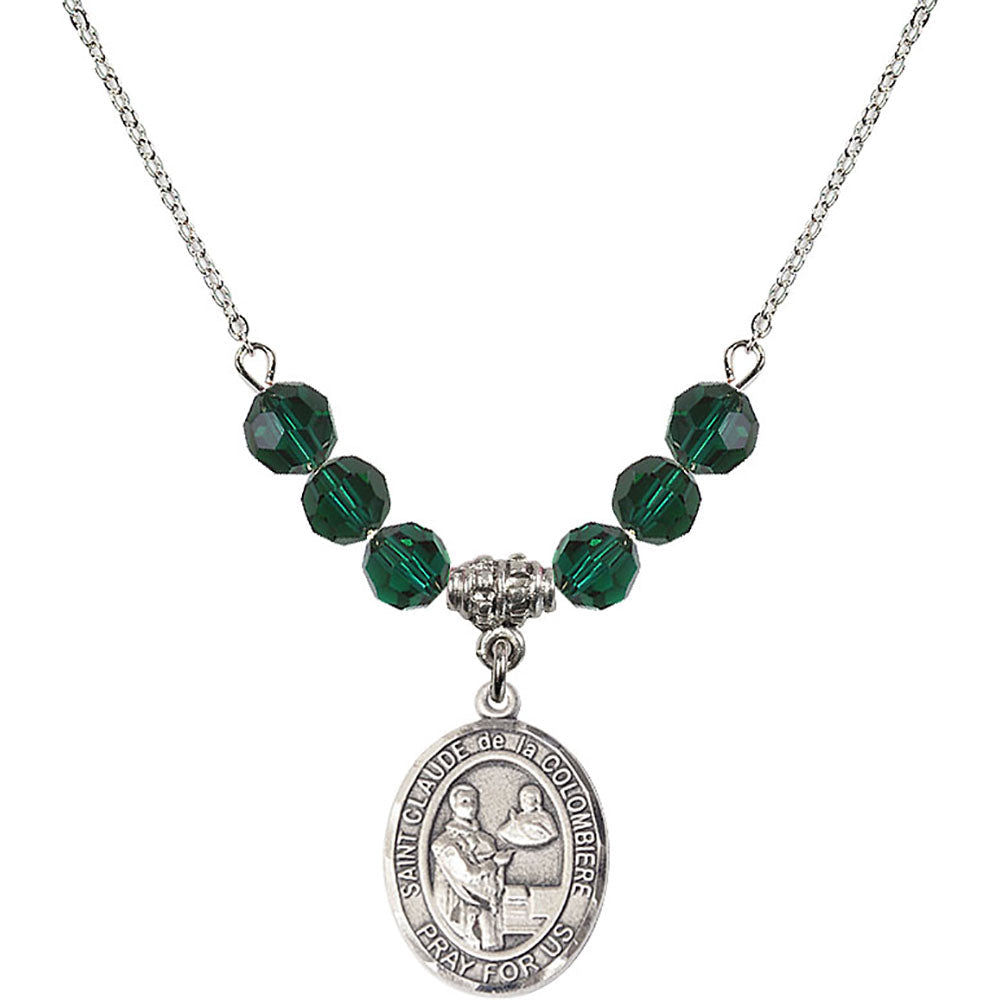 Sterling Silver Saint Claude de la Colombiere Birthstone Necklace with Emerald Beads - 8432