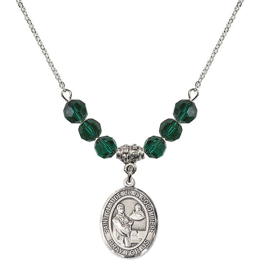 Sterling Silver Saint Claude de la Colombiere Birthstone Necklace with Emerald Beads - 8432
