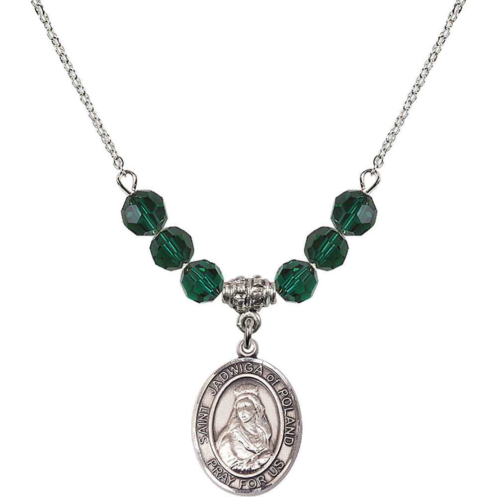 Sterling Silver Saint Jadwiga of Poland Birthstone Necklace with Emerald Beads - 8434