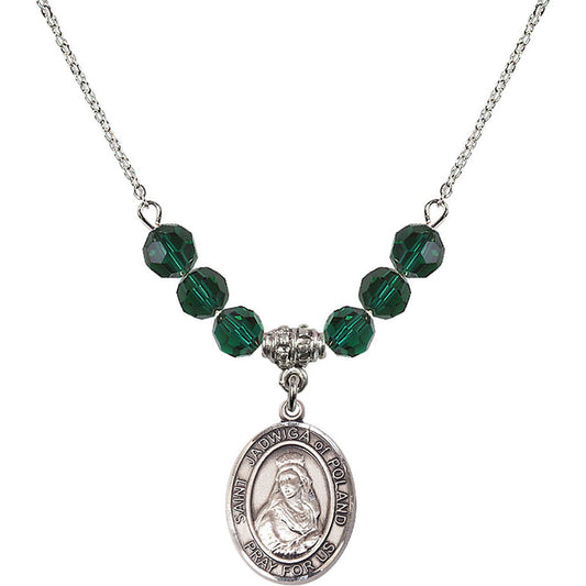 Sterling Silver Saint Jadwiga of Poland Birthstone Necklace with Emerald Beads - 8434