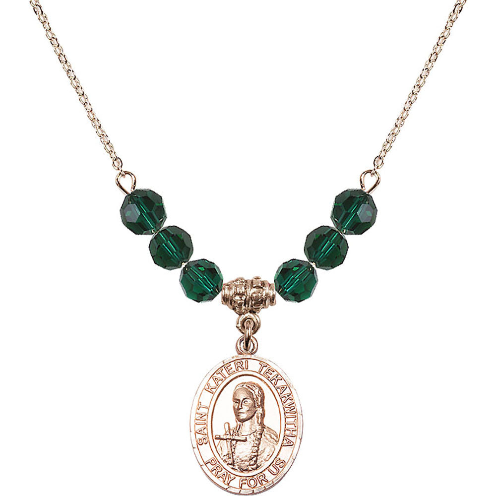 14kt Gold Filled Saint Kateri Tekakwitha Birthstone Necklace with Emerald Beads - 8438
