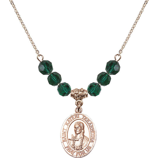 14kt Gold Filled Saint Kateri Tekakwitha Birthstone Necklace with Emerald Beads - 8438