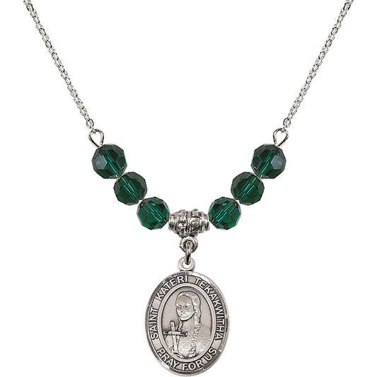 Sterling Silver Saint Kateri Tekakwitha Birthstone Necklace with Emerald Beads - 8438