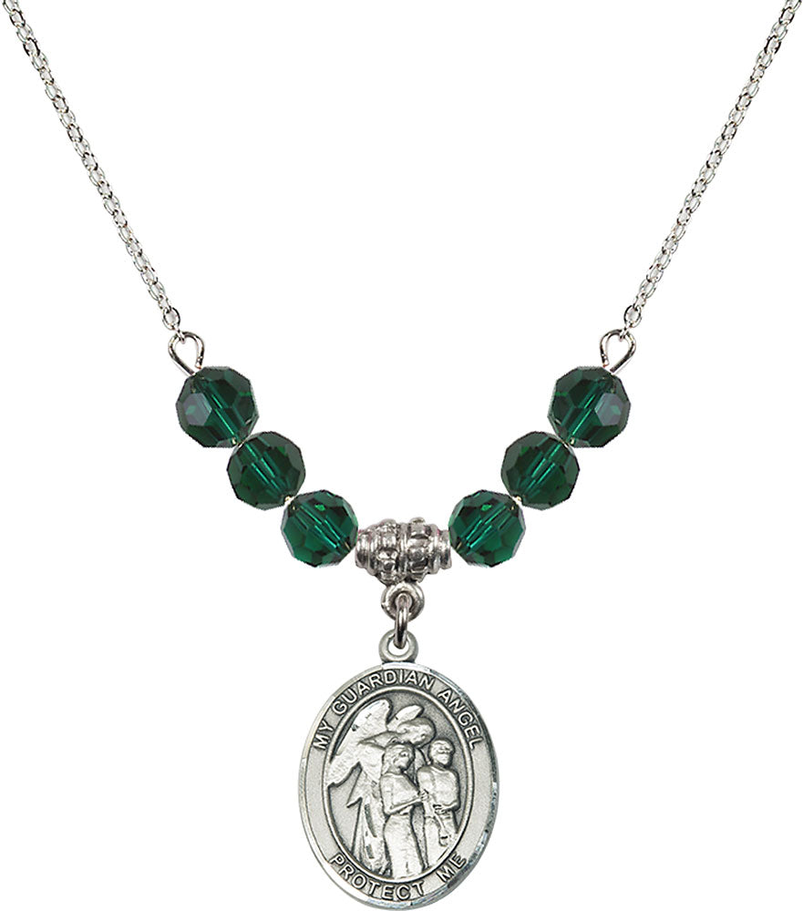 Sterling Silver Guardian Angel w/Children Birthstone Necklace with Emerald Beads - 8439