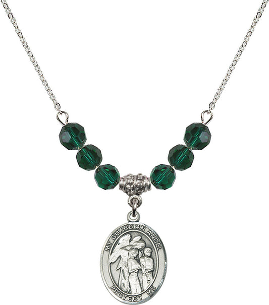 Sterling Silver Guardian Angel w/Children Birthstone Necklace with Emerald Beads - 8439