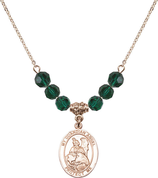 14kt Gold Filled Guardian Angel Protector Birthstone Necklace with Emerald Beads - 8440