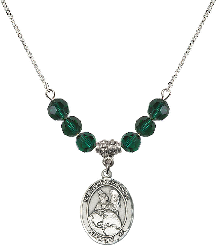 Sterling Silver Guardian Angel Protector Birthstone Necklace with Emerald Beads - 8440