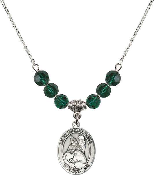 Sterling Silver Guardian Angel Protector Birthstone Necklace with Emerald Beads - 8440