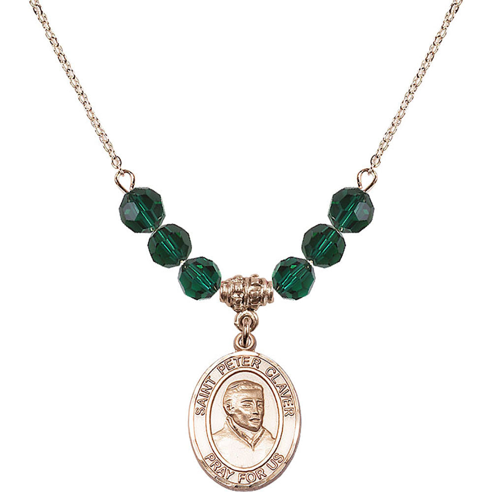 14kt Gold Filled Saint Peter Claver Birthstone Necklace with Emerald Beads - 8442