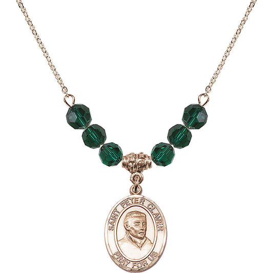14kt Gold Filled Saint Peter Claver Birthstone Necklace with Emerald Beads - 8442