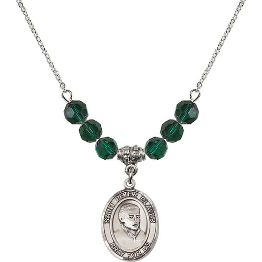 Sterling Silver Saint Peter Claver Birthstone Necklace with Emerald Beads - 8442