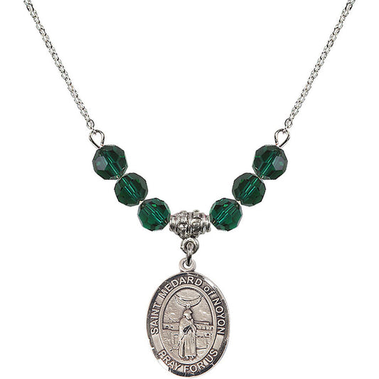 Sterling Silver Saint Medard of Noyon Birthstone Necklace with Emerald Beads - 8444