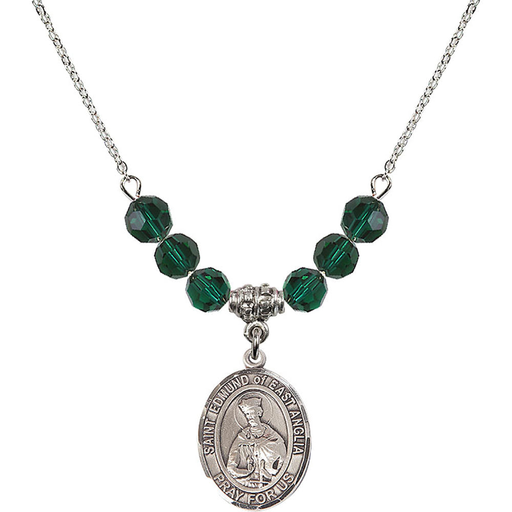 Sterling Silver Saint Edmund of East Anglia Birthstone Necklace with Emerald Beads - 8445