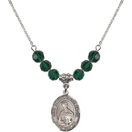 Sterling Silver Saint Edmund of East Anglia Birthstone Necklace with Emerald Beads - 8445