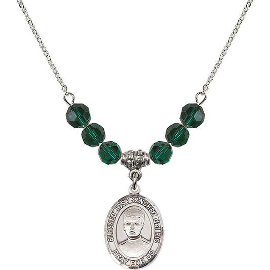 Sterling Silver Blessed Jose Sanchez del Rio Birthstone Necklace with Emerald Beads - 8446