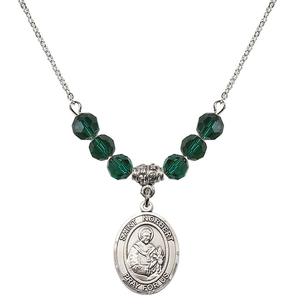 Sterling Silver Saint Norbert of Xanten Birthstone Necklace with Emerald Beads - 8447