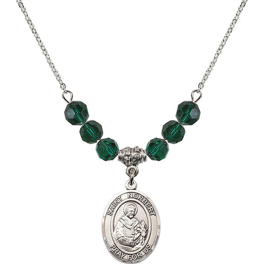 Sterling Silver Saint Norbert of Xanten Birthstone Necklace with Emerald Beads - 8447